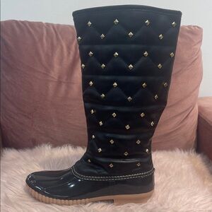 Black Quilted Knee-High Boots with Gold Studs